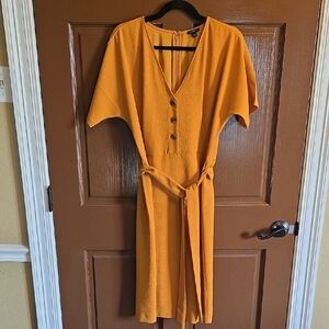 Ann Taylor-Gold V neck crinkled fabric dress, matching fabric belt Sz 12
